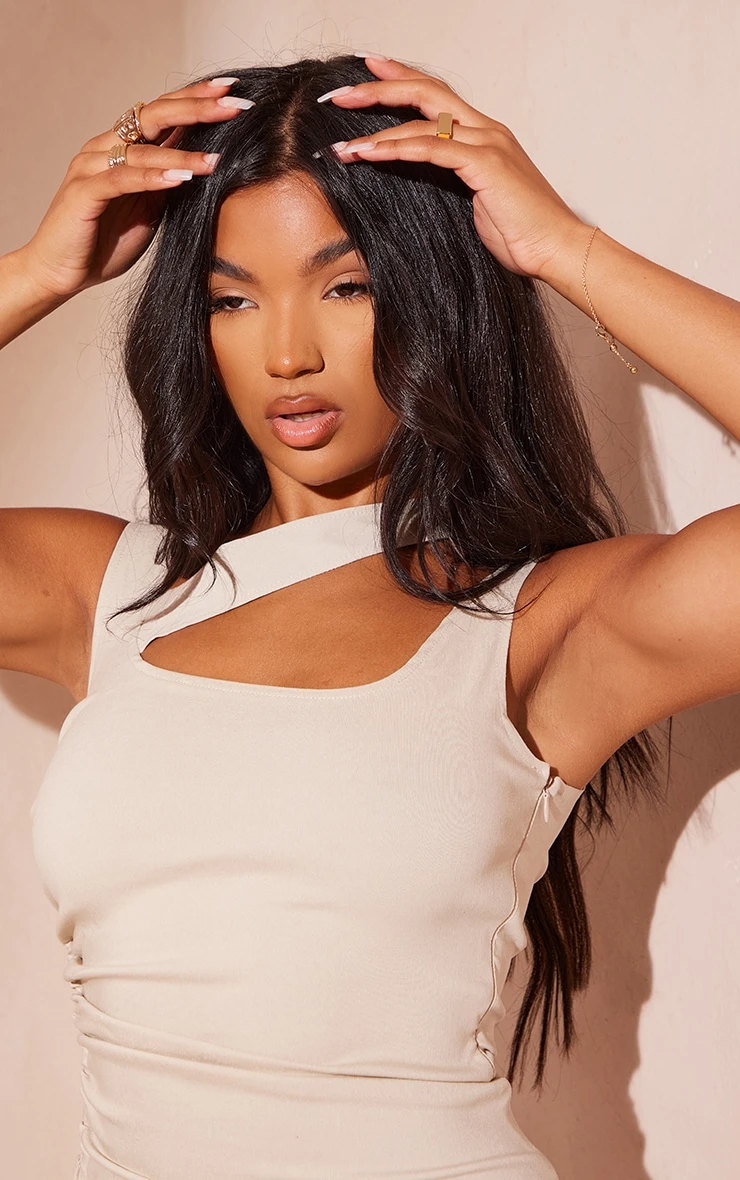 Stone Stretch Woven Asymmetric Strap Ruched Bodycon Dress - Image 4