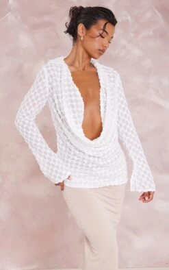 White Textured Woven Plunge Split Sleeve Shirt