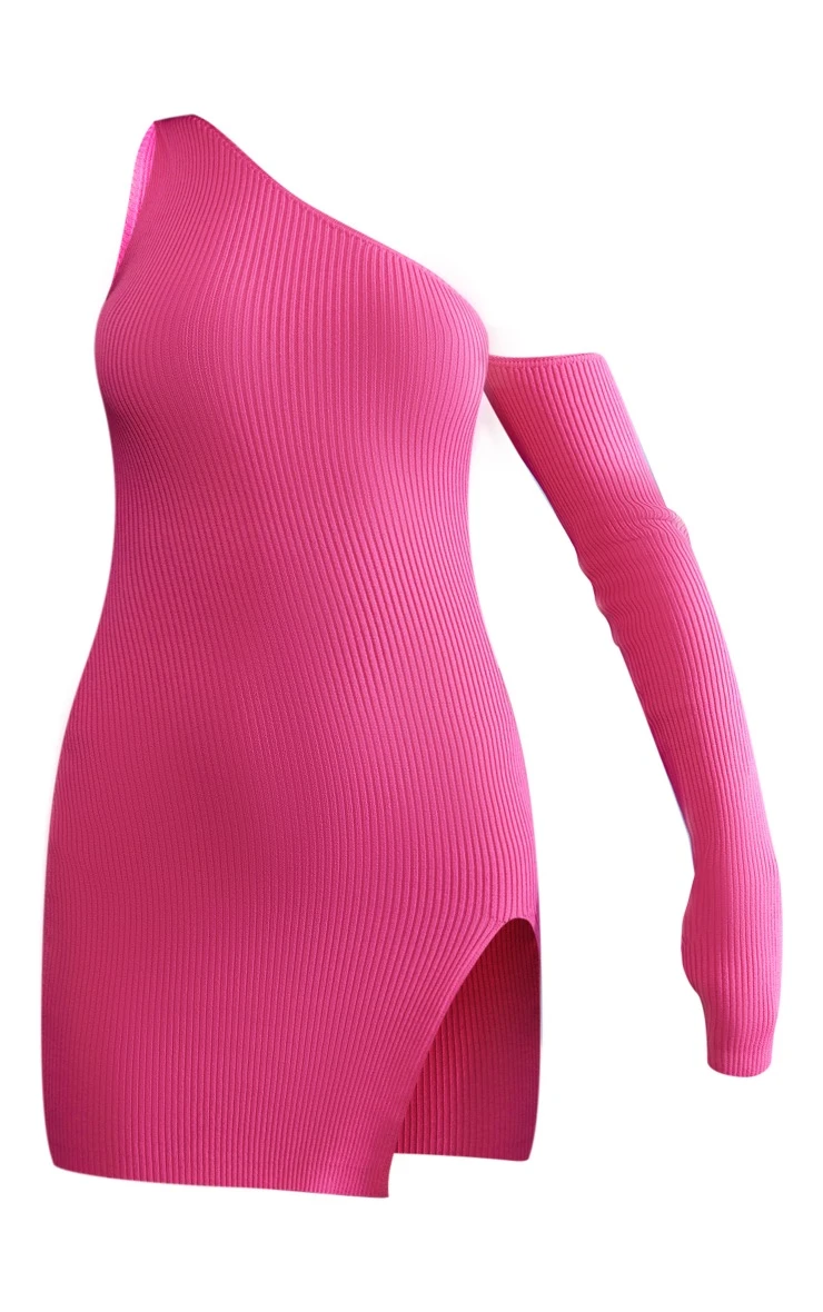 Hot Pink Rib Knit One Sleeve Split Mini Dress - Image 5