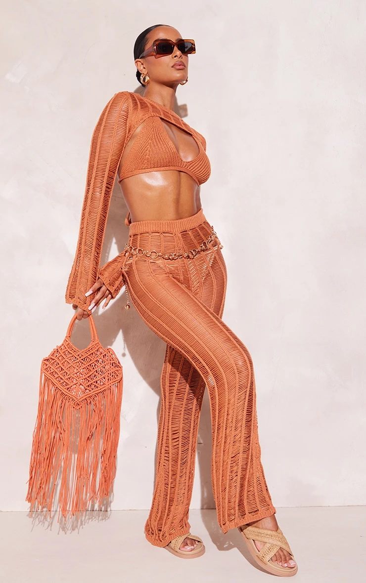 Tan Tassel Knit Extreme Cropped Top - Image 3