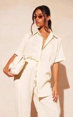 Stone Linen Look Oversized Boxy Short Sleeve Shirt
