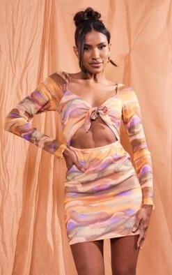 Multi Swirl Tile Print Mesh Tie Front Cut Out Bodycon Dress