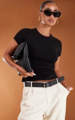 Basic Black Cotton Blend Fitted Crew Neck T Shirt