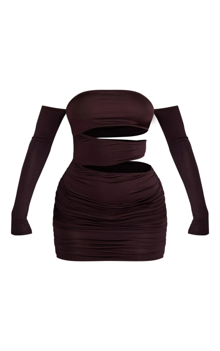 Chocolate Slinky Bardot Multi Cut Out Bodycon Dress - Image 5
