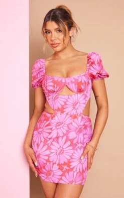 Pink Floral Print Cup Detail Bodycon Dress