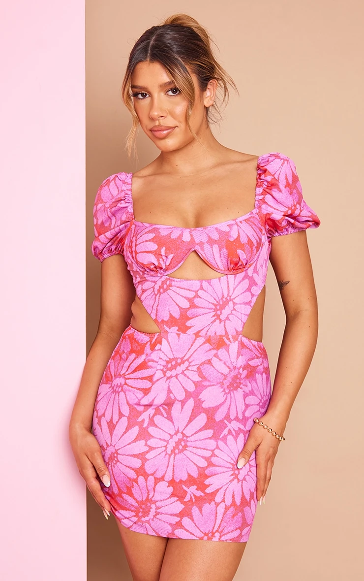 Pink Floral Print Cup Detail Bodycon Dress