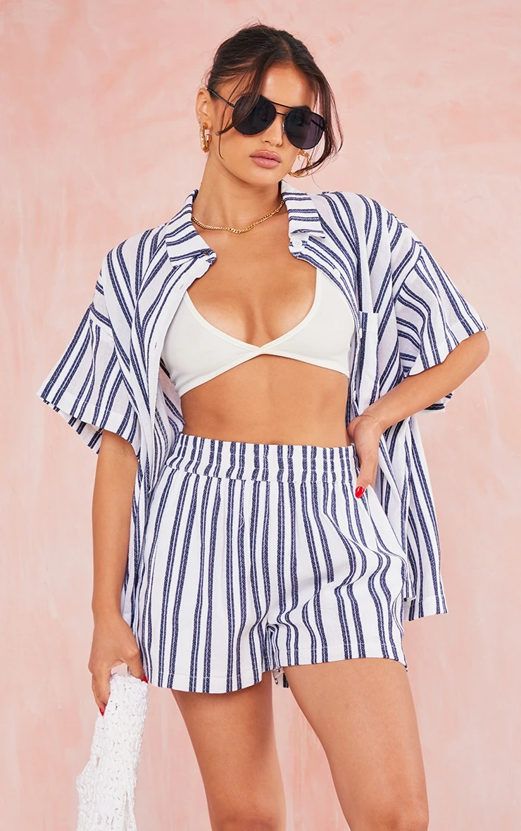 Navy Textured Linen Look Stripe Oversized Linen Shorts - Image 4