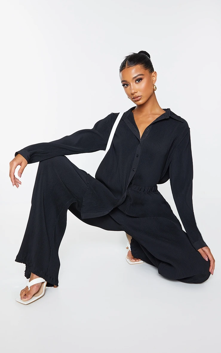 Black Plisse Button Front Oversized Shirt