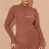 PRETTYLITTLETHING Chocolate Rib Half Zip Bodysuit