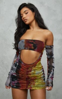 Rust Grunge Print Mesh Bardot Ruched Bodycon Dress