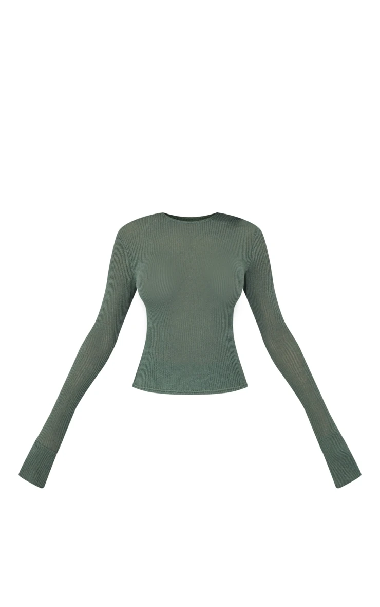 Khaki Sheer Soft Rib Longline Flared Sleeve Top - Image 5
