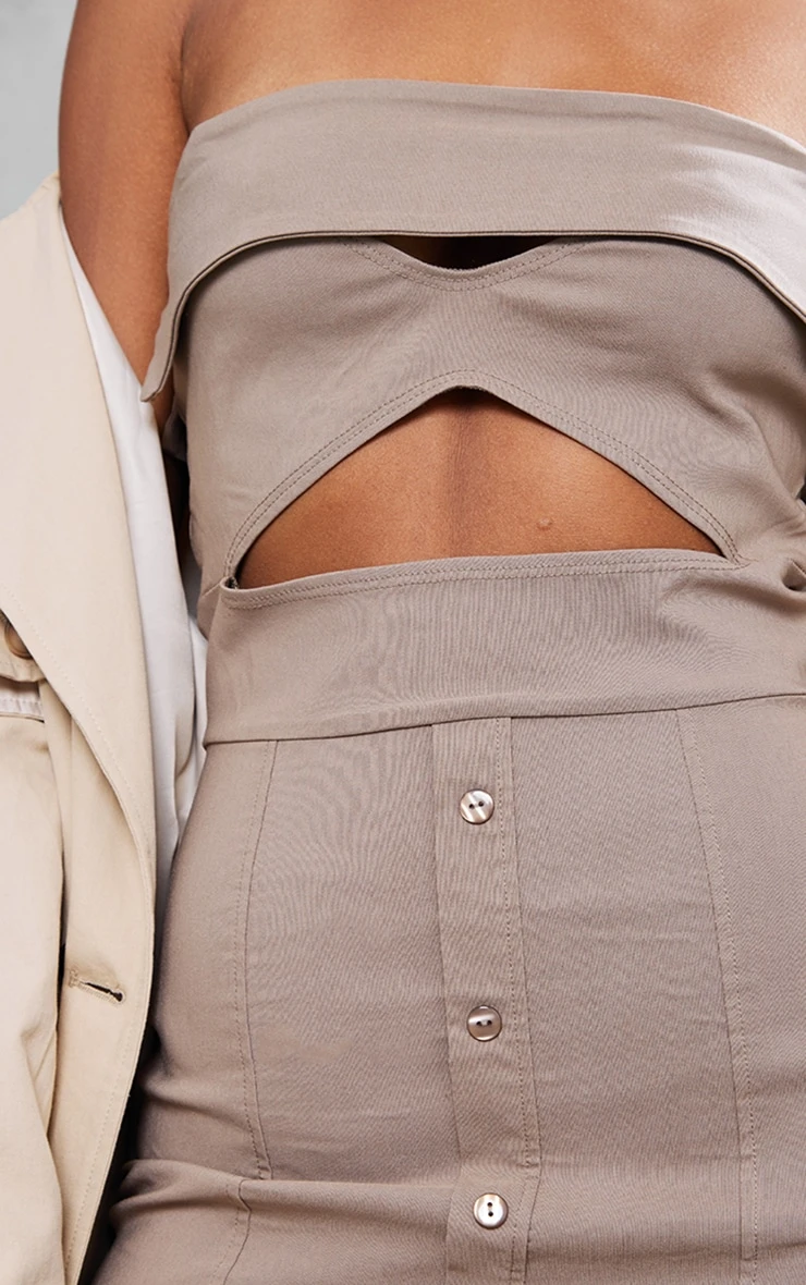 Taupe Bandeau Cut Out Button Down Bodycon Dress - Image 4