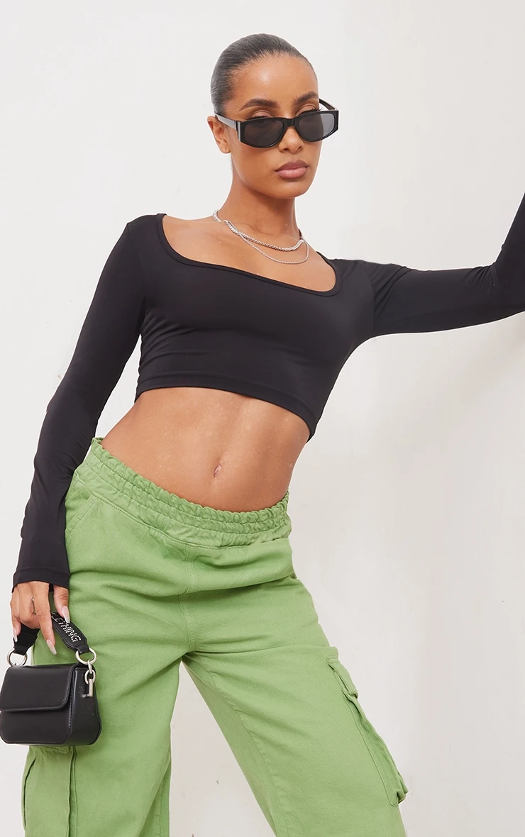 Basic Black Slinky Square Neck Crop Top