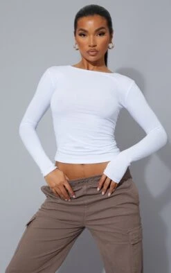 Basic White Cotton Blend Long Sleeve Fitted T Shirt