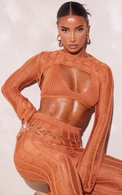 Tan Tassel Knit Extreme Cropped Top