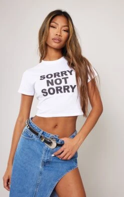 White Sorry Print Fitted T Shirt