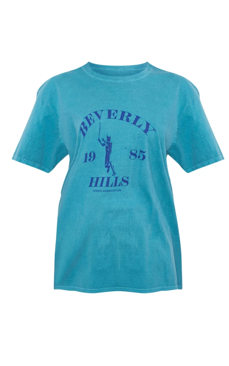 PRETTYLITTLETHING Teal Washed Beverley Hills Print T Shirt - Image 5