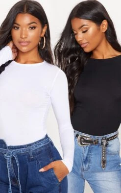 Basic Black & White Cotton Blend Long Sleeve Fitted T Shirt 2 Pack