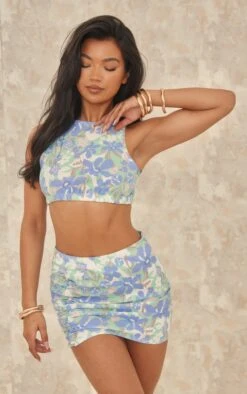 Blue Floral Print Linen Look Sleeveless Crop Top