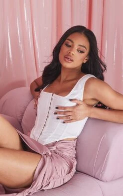 White Satin Hook And Eye Curved Hem Corset