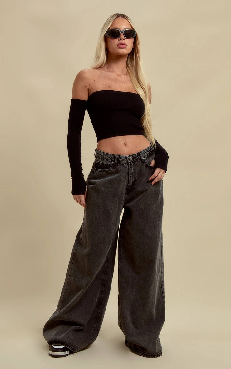 Black Structured Contour Rib Bardot Crop Top - Image 3