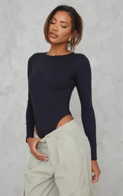 Basic Black Cotton Blend Crew Neck Bodysuit