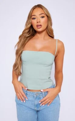 Pastel Green Stretch Woven Spaghetti Strap Bust Detail Crop Top