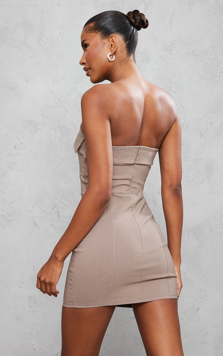 Taupe Bandeau Cut Out Button Down Bodycon Dress - Image 2