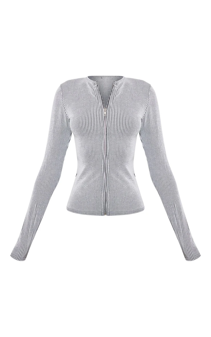 Light Grey Two Tone Rib Longline Zip Up Top - Image 5