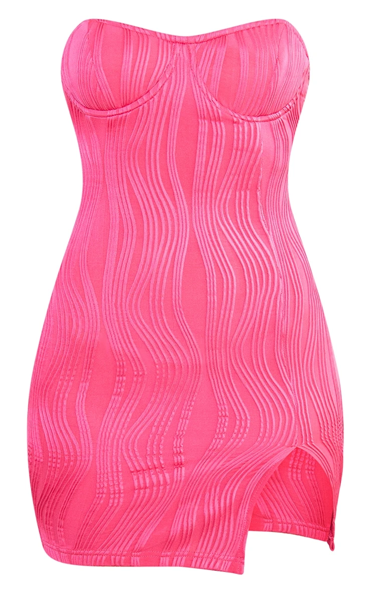 Hot Pink Crinkle Pointed Cup Bodycon Dress - Image 5
