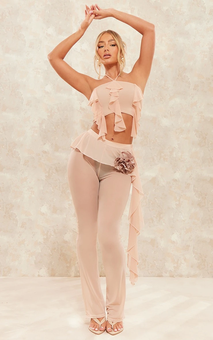 Natural Stone Mesh Halterneck Frill Crop Top - Image 3