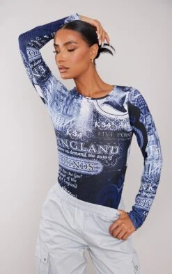 Grey Print Basic Crew Neck Long Sleeve Bodysuit