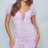Lilac Ditsy Floral Print Ruched Puff Sleeve Bodycon Dress