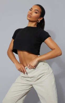Basic Black Cotton Blend Roll Sleeve Crop Top