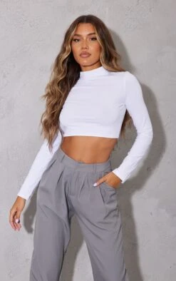 White High Neck Long Sleeve Crop Top