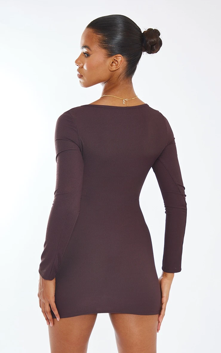 Chocolate Ribbed Underbust Detail Long Sleeve Bodycon Dress - Image 2