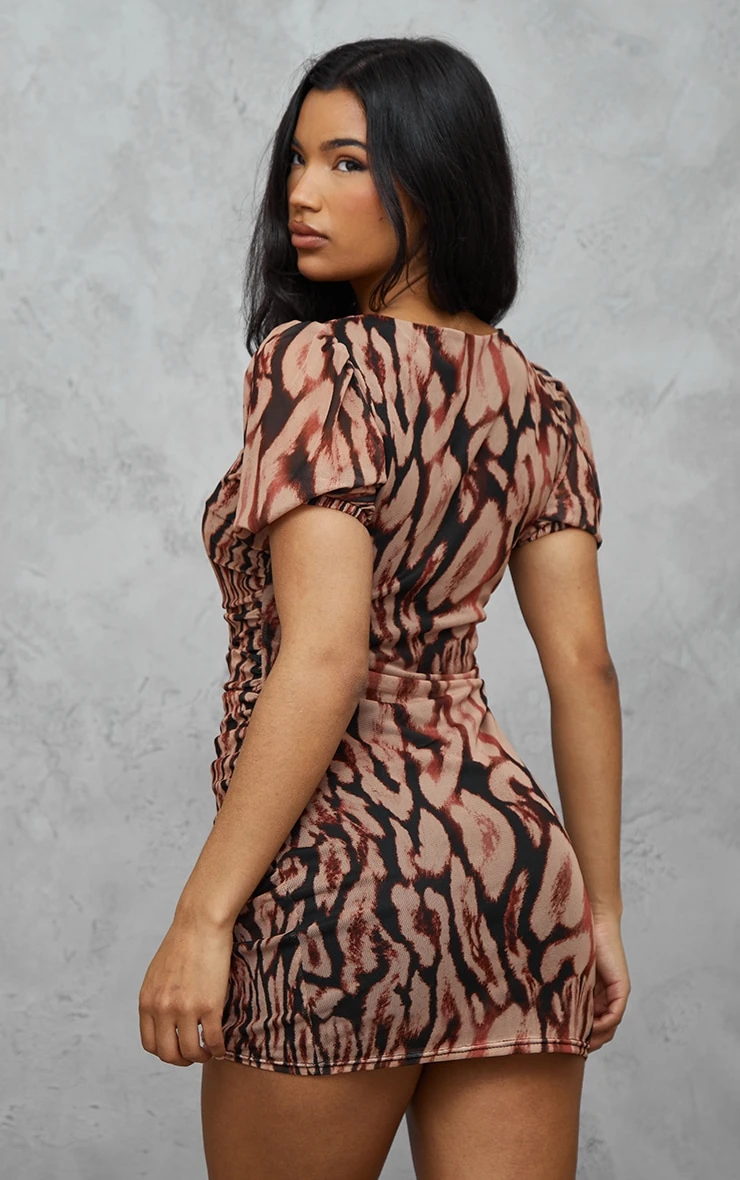 Multi Ruched Bodice Volume Sleeve Leopard Print Mini Dress - Image 2