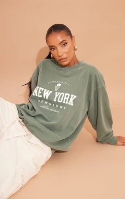 Khaki New York Downtown Slogan Printed Sweatshirt