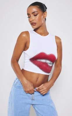 White Kiss Print Racer Crop Top