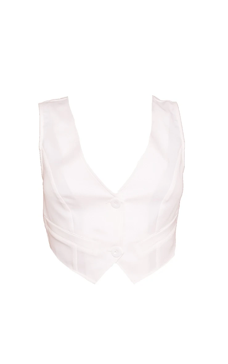 White Woven Belted Back Detail Suit Waistcoat Top - Image 5