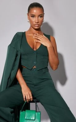 Dark Green Woven Belted Back Detail Suit Waistcoat Top