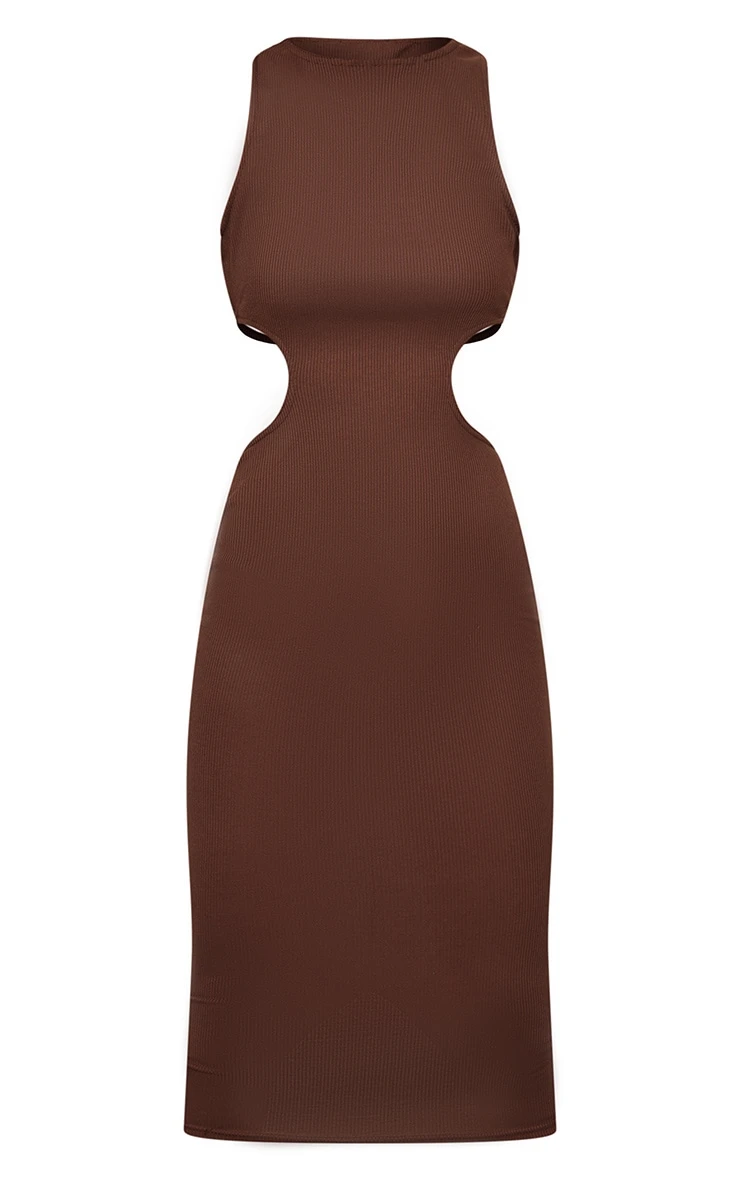Chocolate Brown Rib Cut Out Side Midi Dress - Image 5