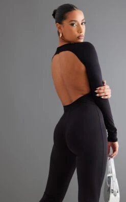 Black Slinky Open Back Long Sleeve Bodysuit