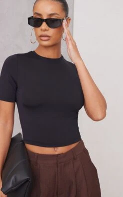 Basic Black Slinky Short Sleeve Crop Top