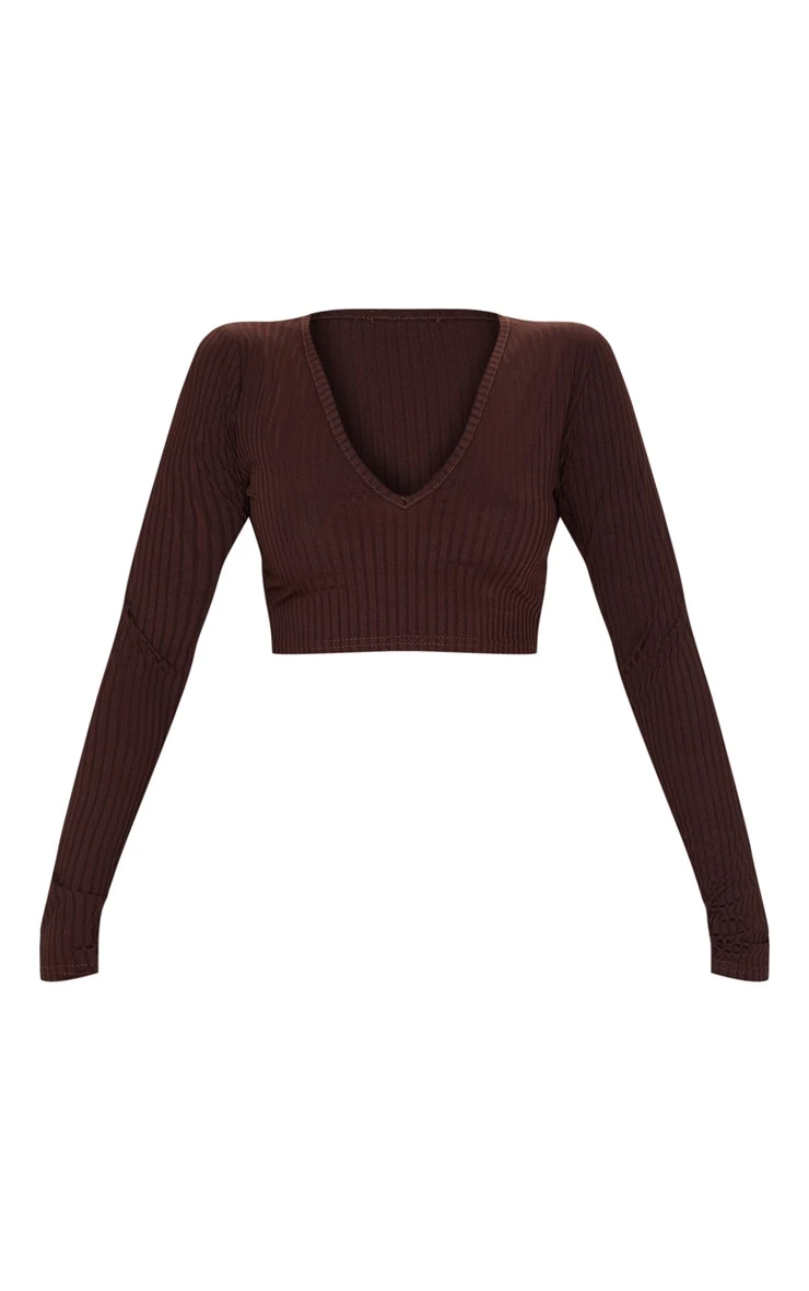 Brown Ribbed V Neck Long Sleeve Crop Top - Image 3