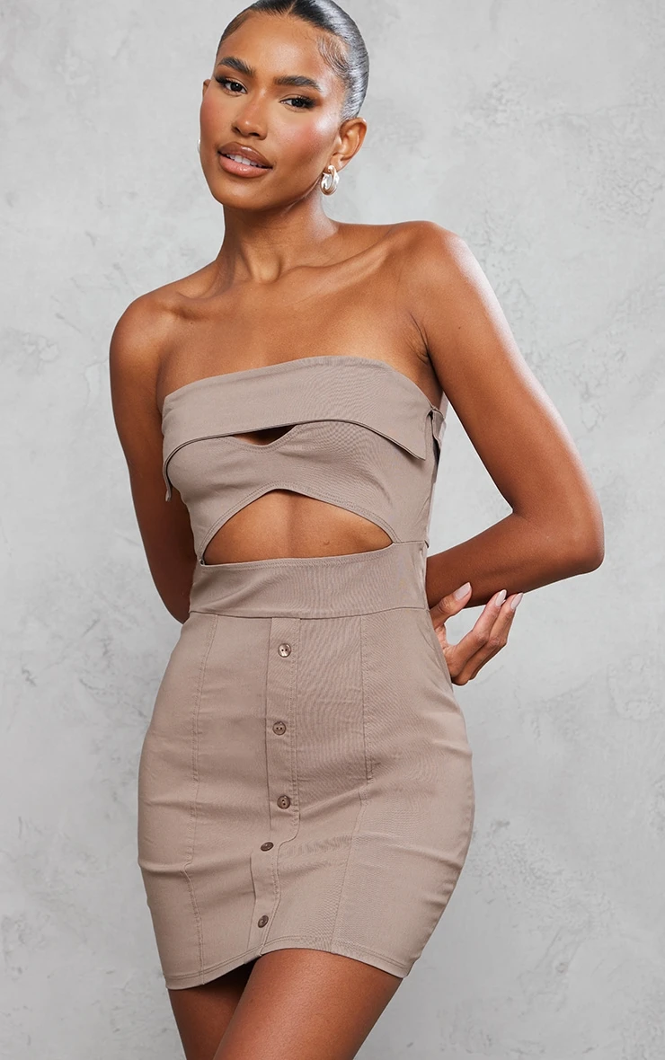 Taupe Bandeau Cut Out Button Down Bodycon Dress