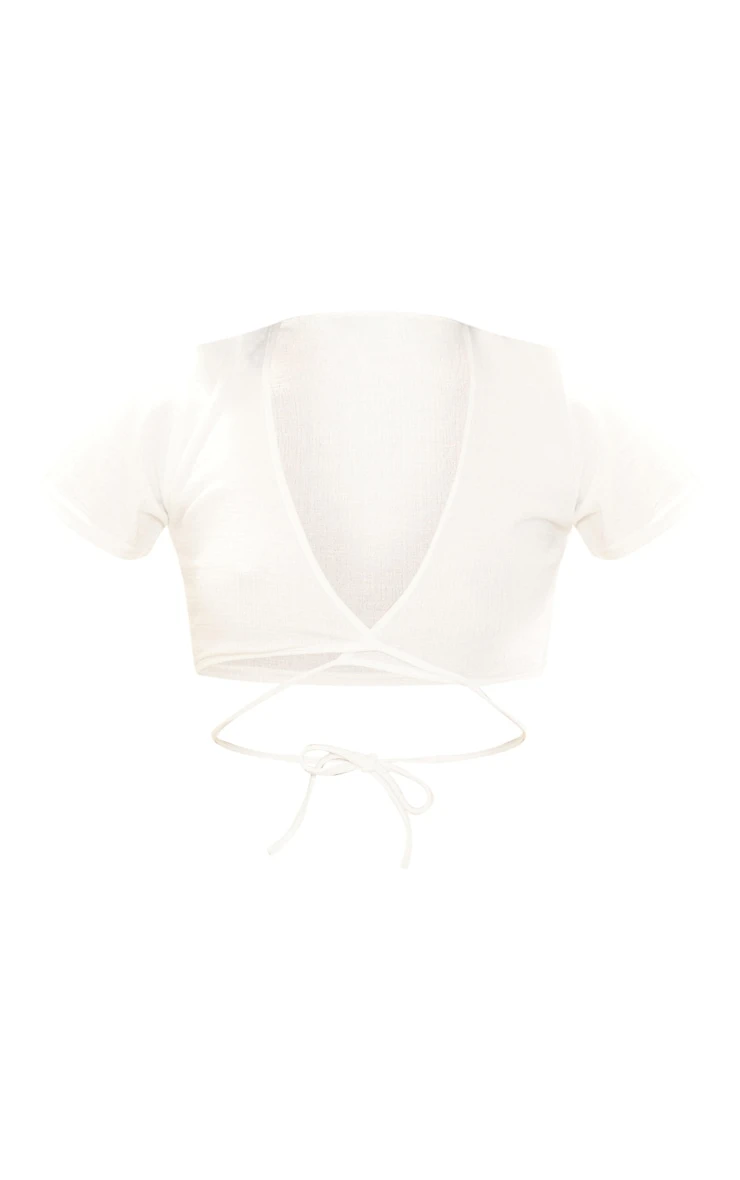 White Textured Jersey Tie Front Short Sleeve Crop Top - Image 5