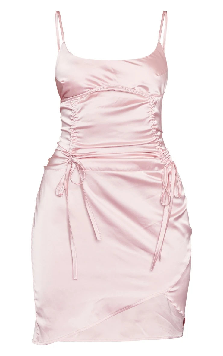 Rose Satin Underbust Detail Ruched Strappy Bodycon Dress - Image 5