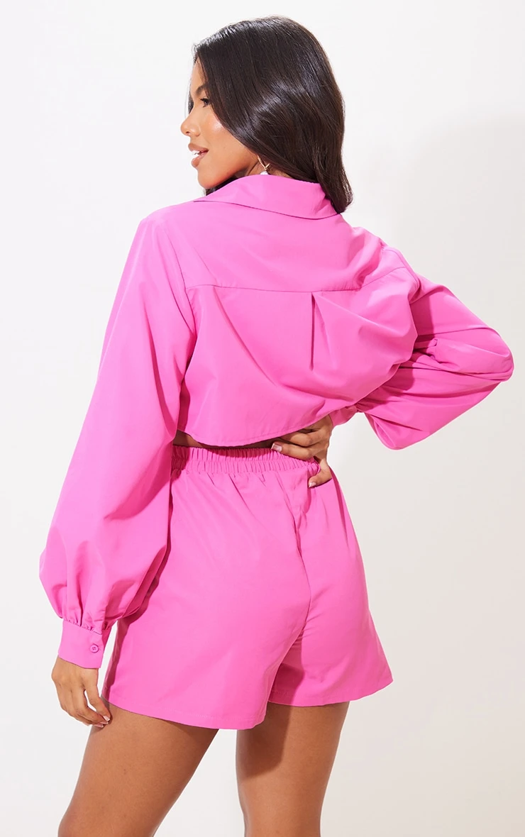 Hot Pink Woven Oversized Cropped Shirt - Image 2