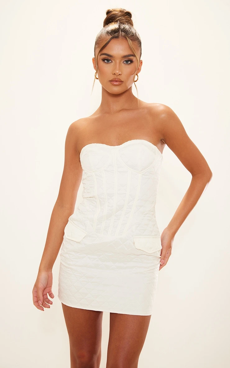 Cream Quilted Underwired Pocket Detail Bandeau Bodycon Dress - Image 4